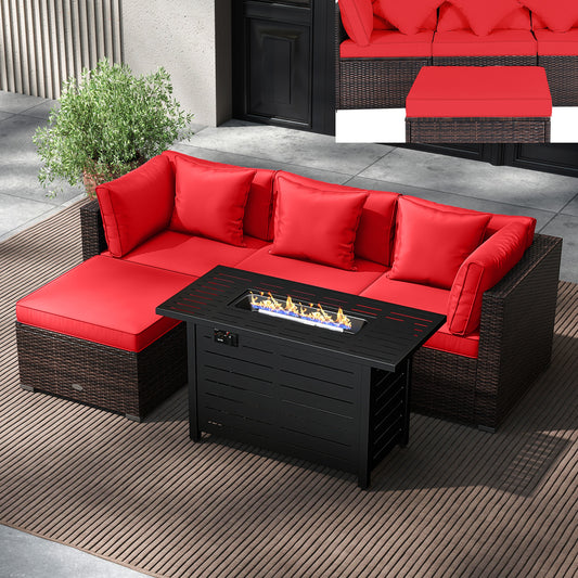 Heavy-duty Frame Rattan Sofa Set with 60000 BTU Firepit Table-Red