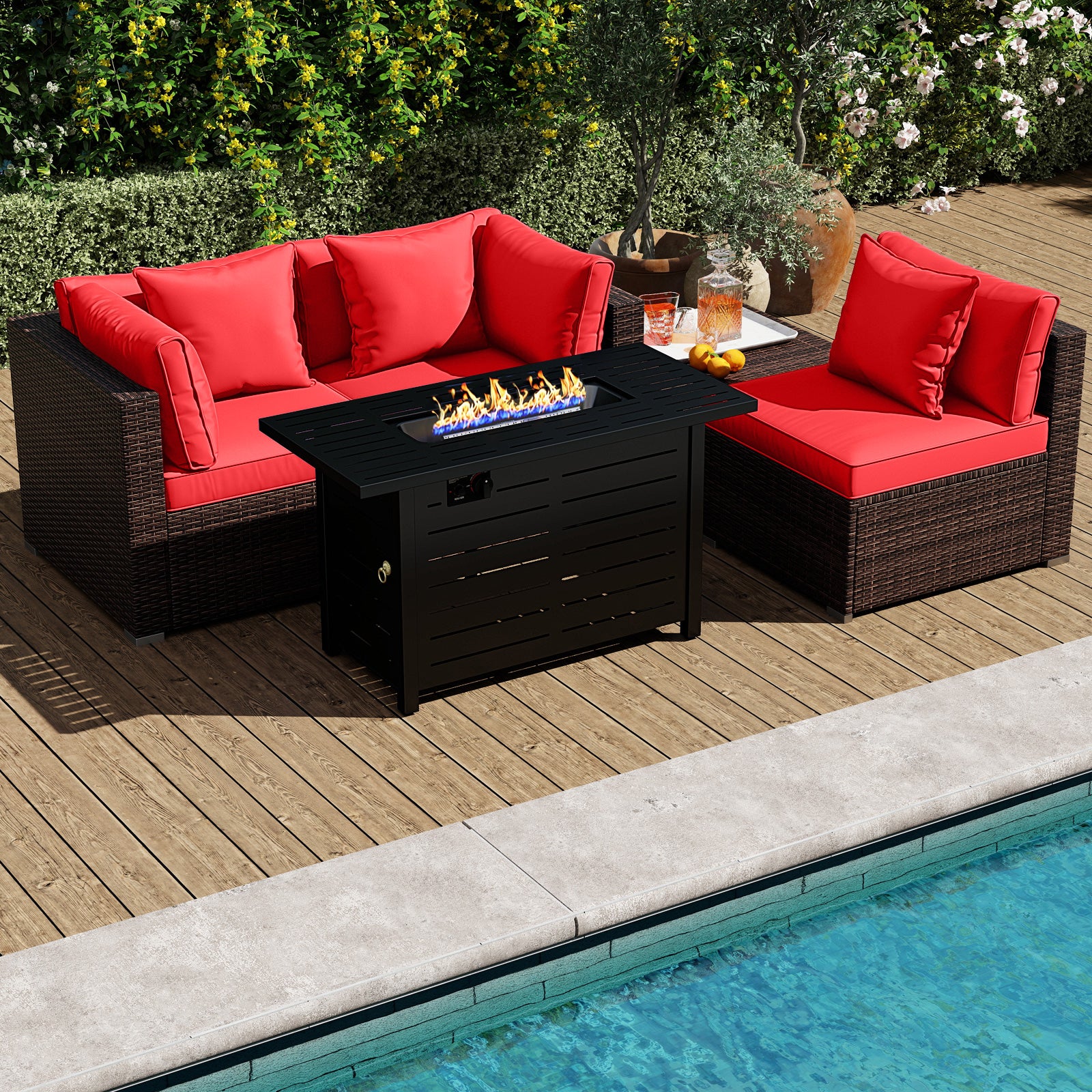 Heavy-duty Frame Rattan Sofa Set with 60000 BTU Firepit Table-Red