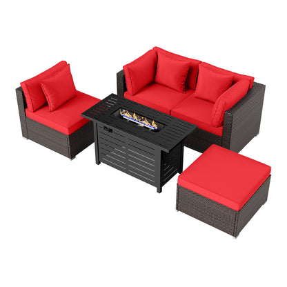 Heavy-duty Frame Rattan Sofa Set with 60000 BTU Firepit Table-Red