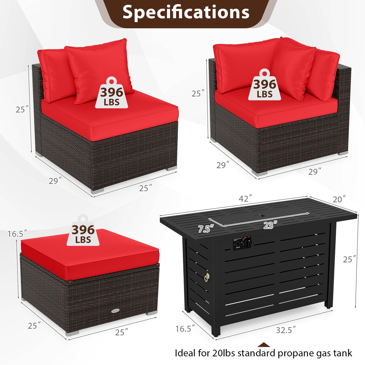 Heavy-duty Frame Rattan Sofa Set with 60000 BTU Firepit Table-Red