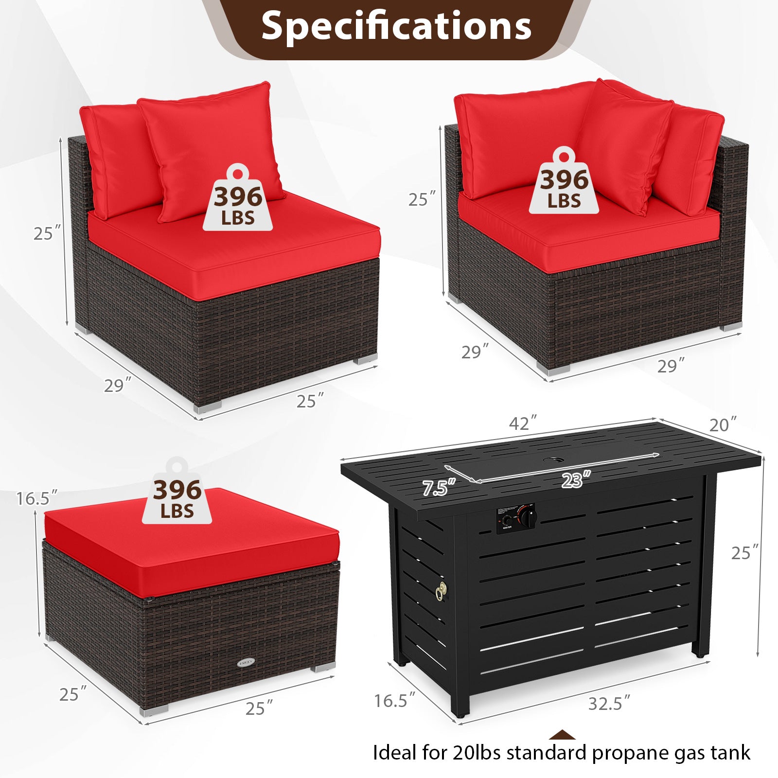 Heavy-duty Frame Rattan Sofa Set with 60000 BTU Firepit Table-Red