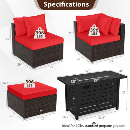 Heavy-duty Frame Rattan Sofa Set with 60000 BTU Firepit Table-Red
