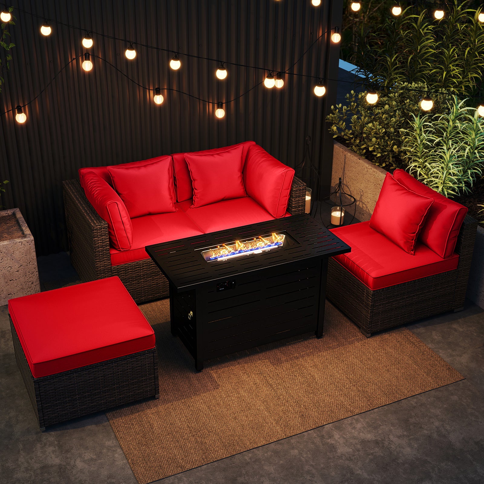 Heavy-duty Frame Rattan Sofa Set with 60000 BTU Firepit Table-Red
