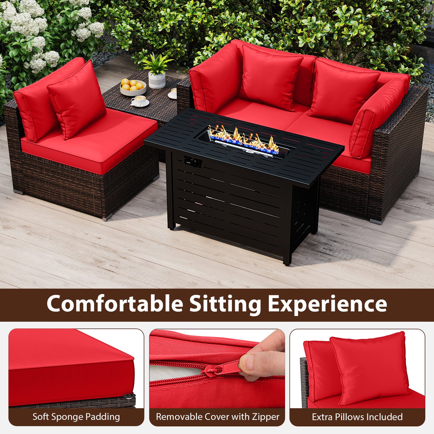 Heavy-duty Frame Rattan Sofa Set with 60000 BTU Firepit Table-Red