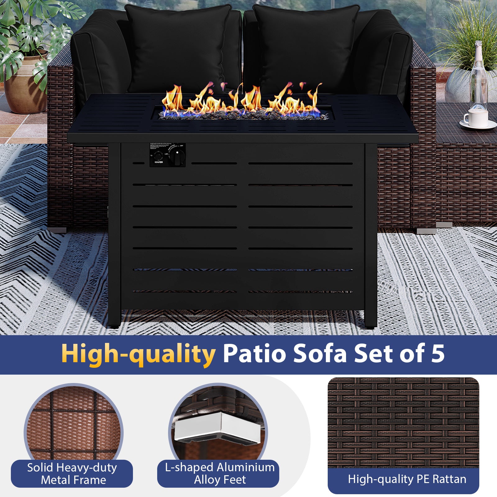 Heavy-duty Frame Rattan Sofa Set with 60000 BTU Firepit Table-Black