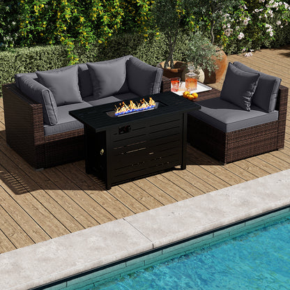 Heavy-duty Frame Rattan Sofa Set with 60000 BTU Firepit Table-Gray