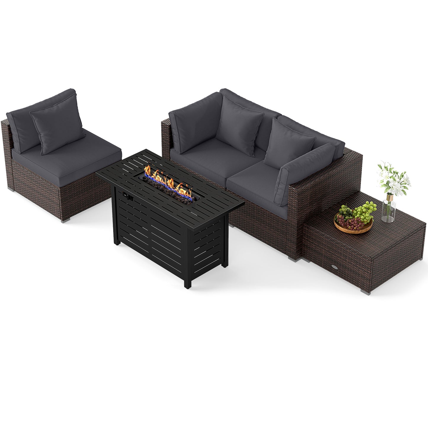 Heavy-duty Frame Rattan Sofa Set with 60000 BTU Firepit Table-Gray