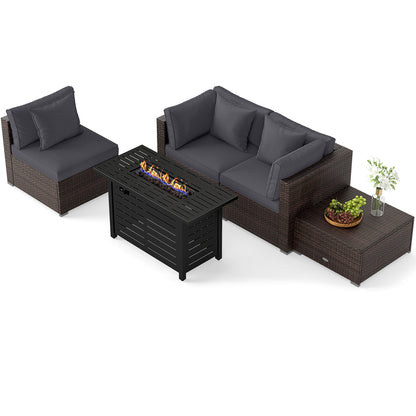 Heavy-duty Frame Rattan Sofa Set with 60000 BTU Firepit Table-Gray