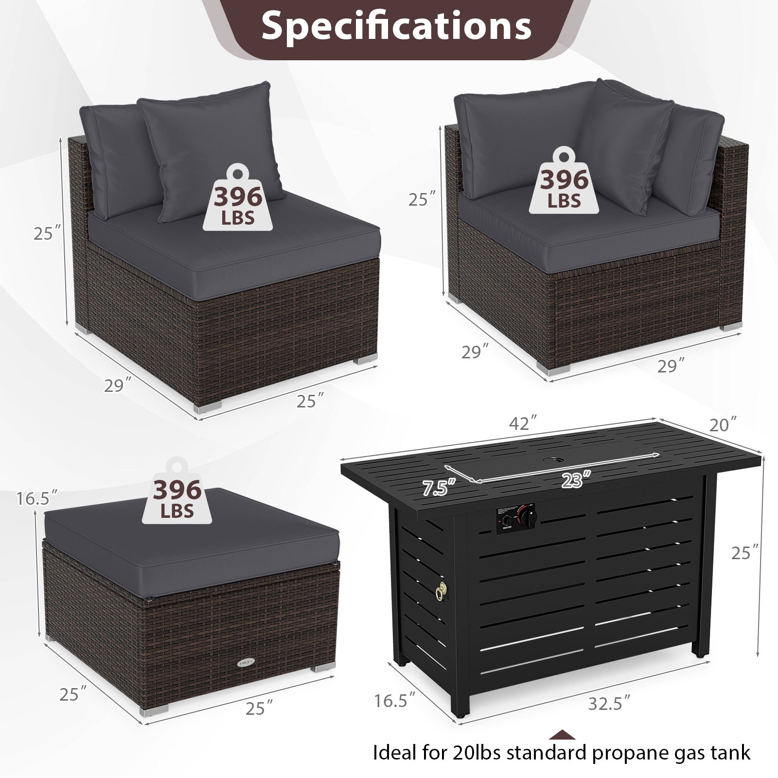 Heavy-duty Frame Rattan Sofa Set with 60000 BTU Firepit Table-Gray