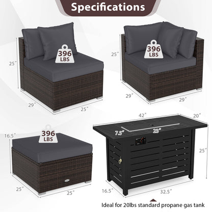 Heavy-duty Frame Rattan Sofa Set with 60000 BTU Firepit Table-Gray
