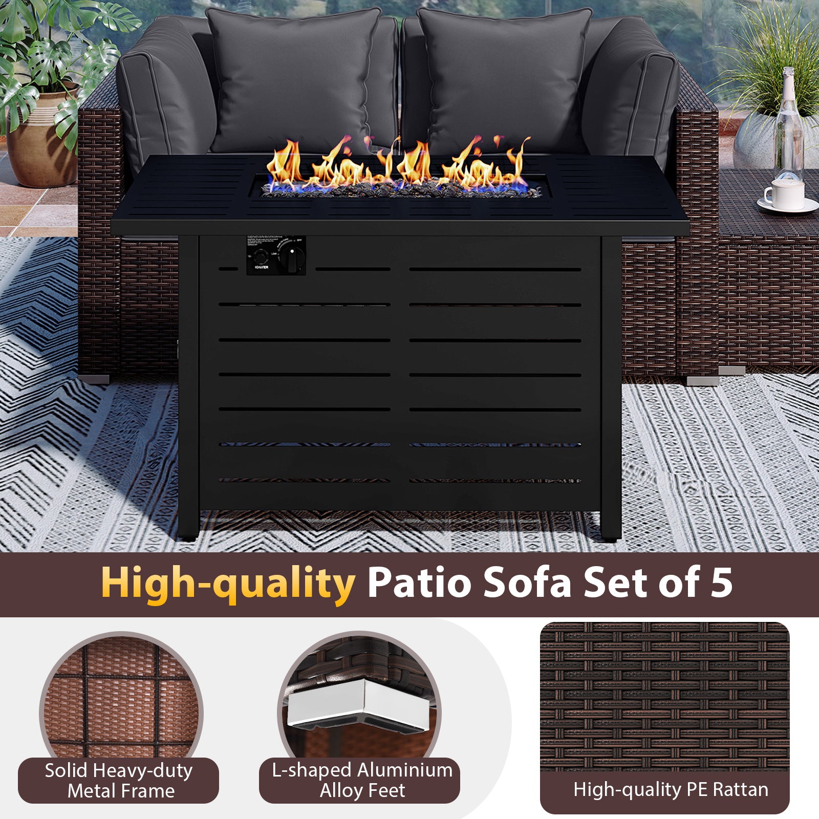 Heavy-duty Frame Rattan Sofa Set with 60000 BTU Firepit Table-Gray
