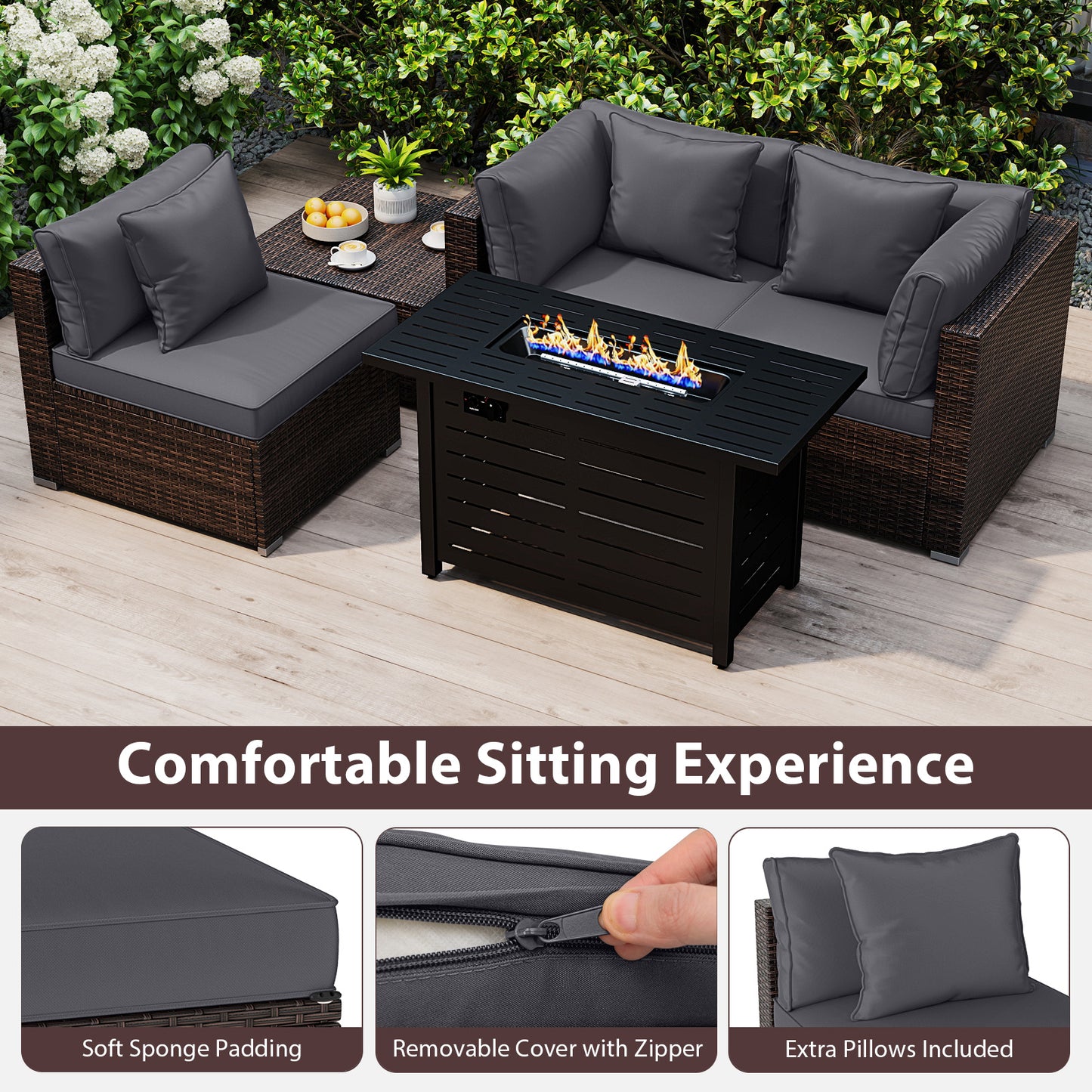Heavy-duty Frame Rattan Sofa Set with 60000 BTU Firepit Table-Gray