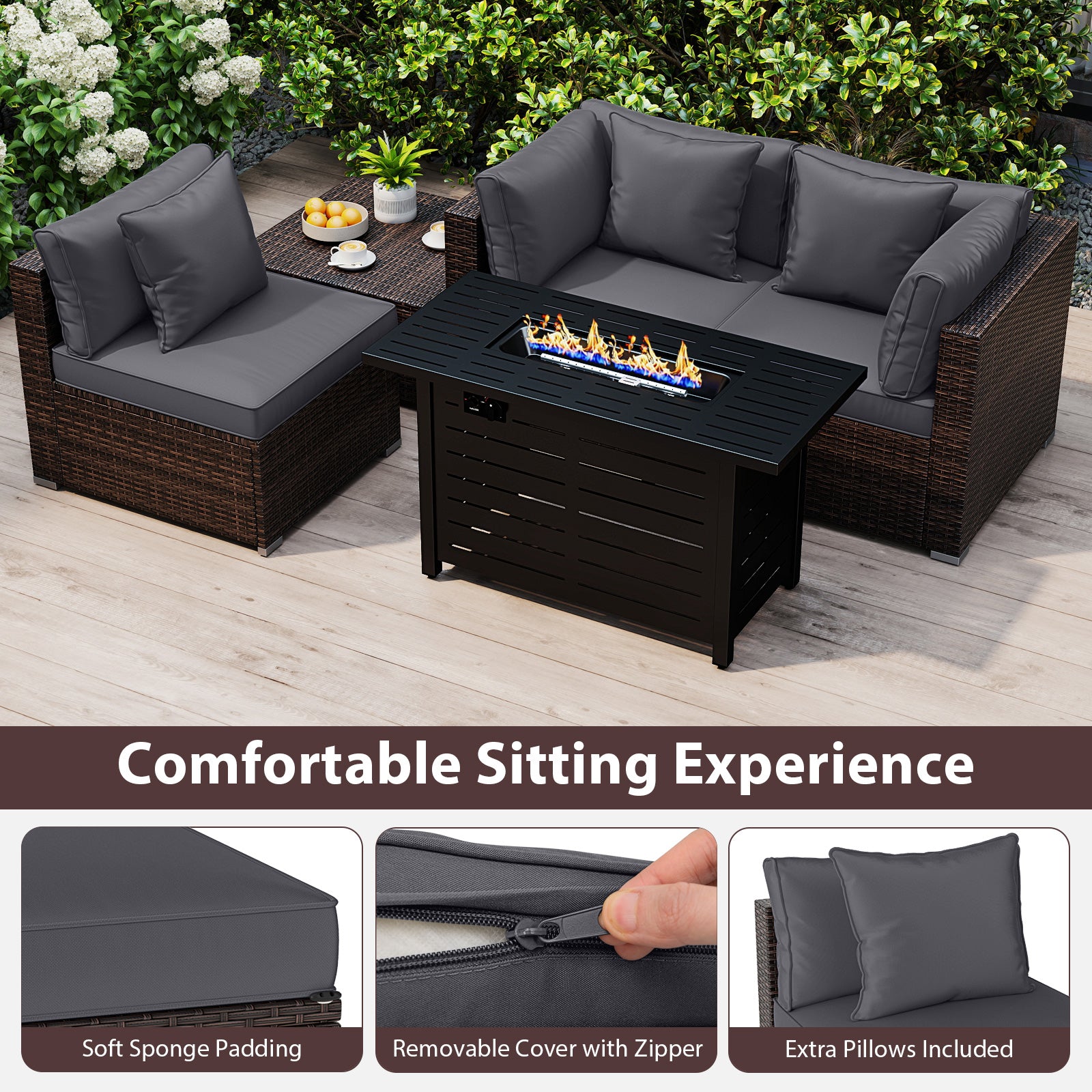 Heavy-duty Frame Rattan Sofa Set with 60000 BTU Firepit Table-Gray