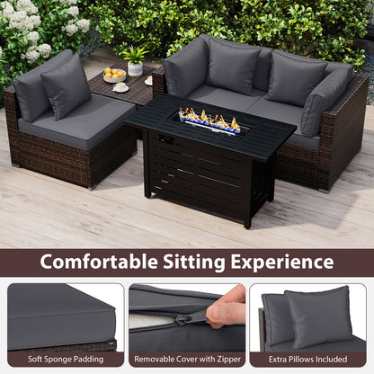 Heavy-duty Frame Rattan Sofa Set with 60000 BTU Firepit Table-Gray