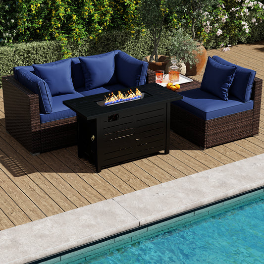Heavy-duty Frame Rattan Sofa Set with 60000 BTU Firepit Table-Navy
