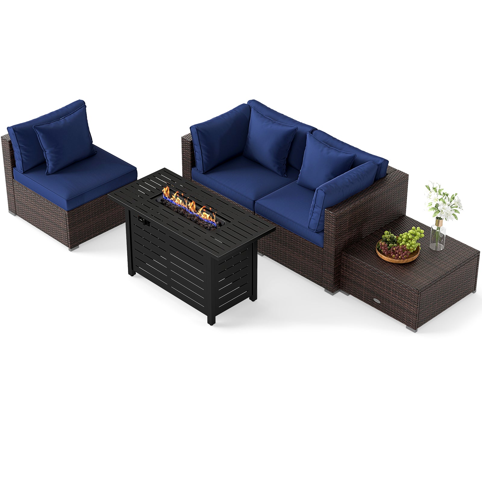 Heavy-duty Frame Rattan Sofa Set with 60000 BTU Firepit Table-Navy