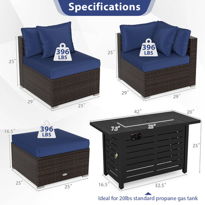 Heavy-duty Frame Rattan Sofa Set with 60000 BTU Firepit Table-Navy