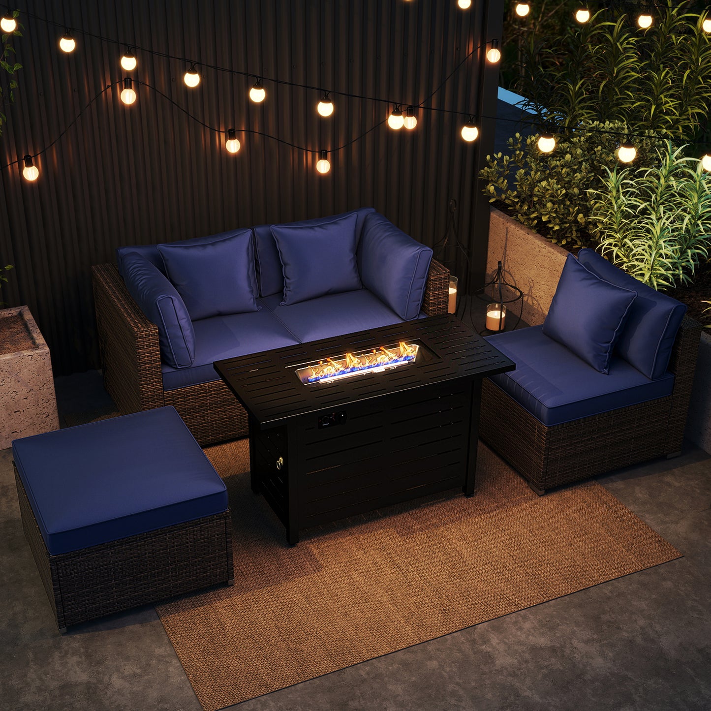 Heavy-duty Frame Rattan Sofa Set with 60000 BTU Firepit Table-Navy