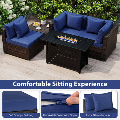 Heavy-duty Frame Rattan Sofa Set with 60000 BTU Firepit Table-Navy