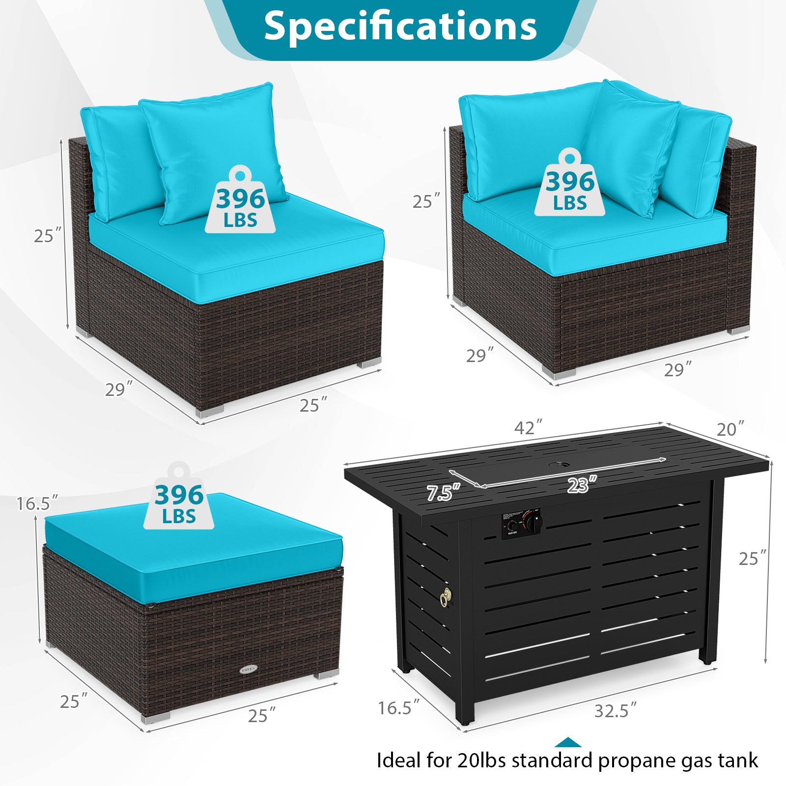 Heavy-duty Frame Rattan Sofa Set with 60000 BTU Firepit Table-Turquoise