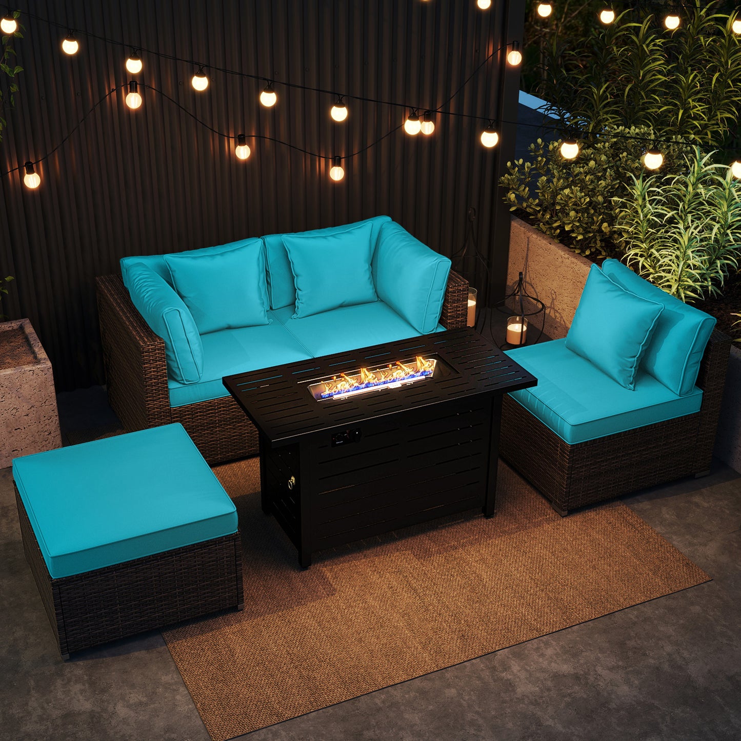 Heavy-duty Frame Rattan Sofa Set with 60000 BTU Firepit Table-Turquoise