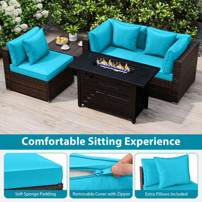 Heavy-duty Frame Rattan Sofa Set with 60000 BTU Firepit Table-Turquoise
