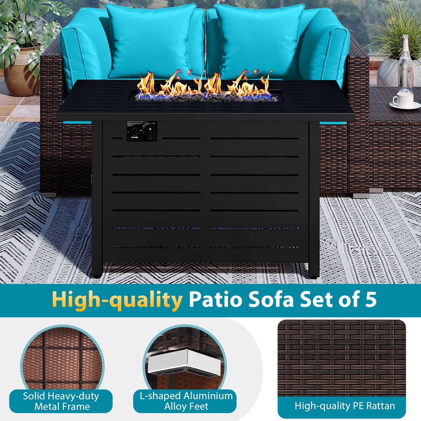 Heavy-duty Frame Rattan Sofa Set with 60000 BTU Firepit Table-Turquoise