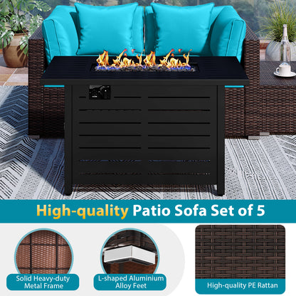 Heavy-duty Frame Rattan Sofa Set with 60000 BTU Firepit Table-Turquoise