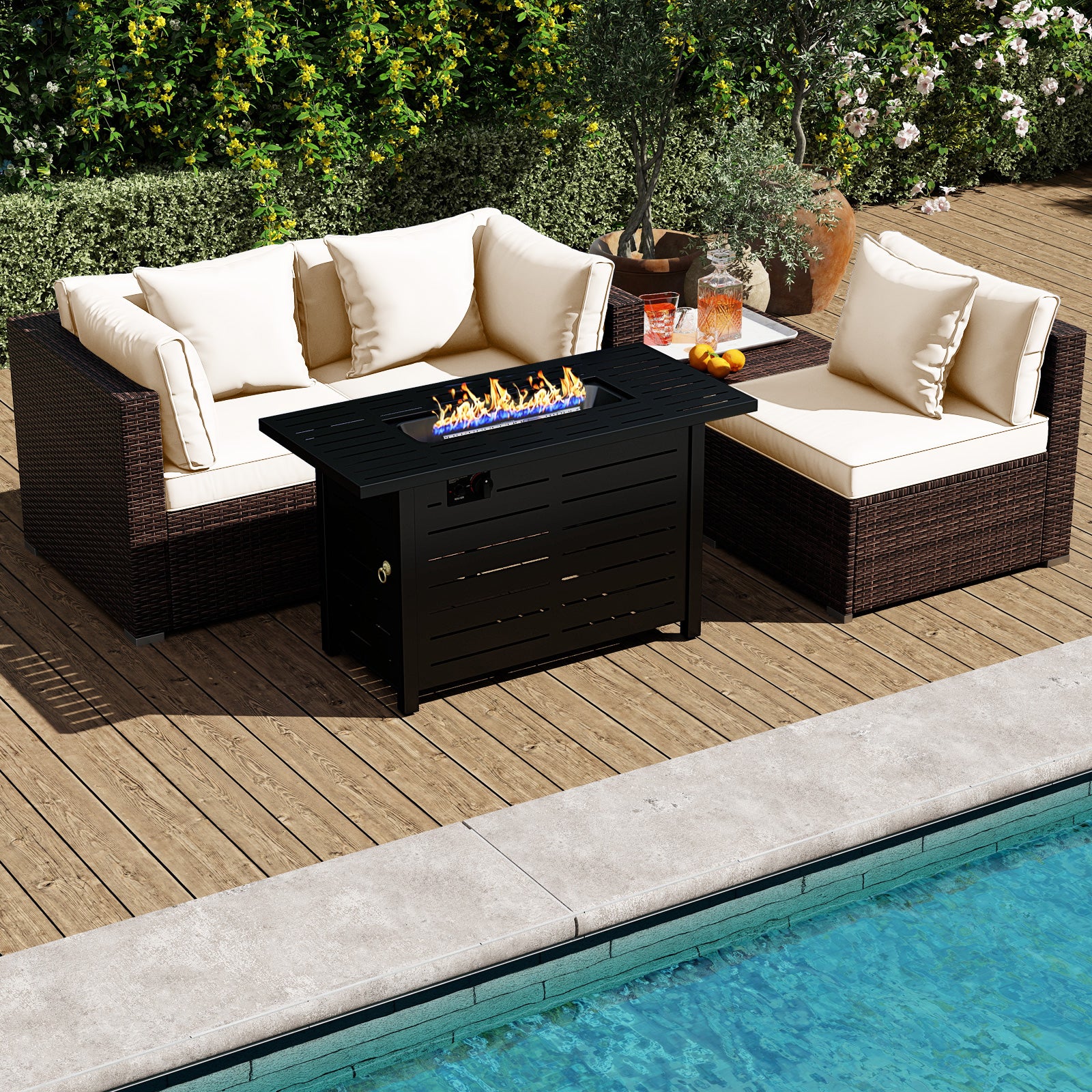 Heavy-duty Frame Rattan Sofa Set with 60000 BTU Firepit Table-Off White