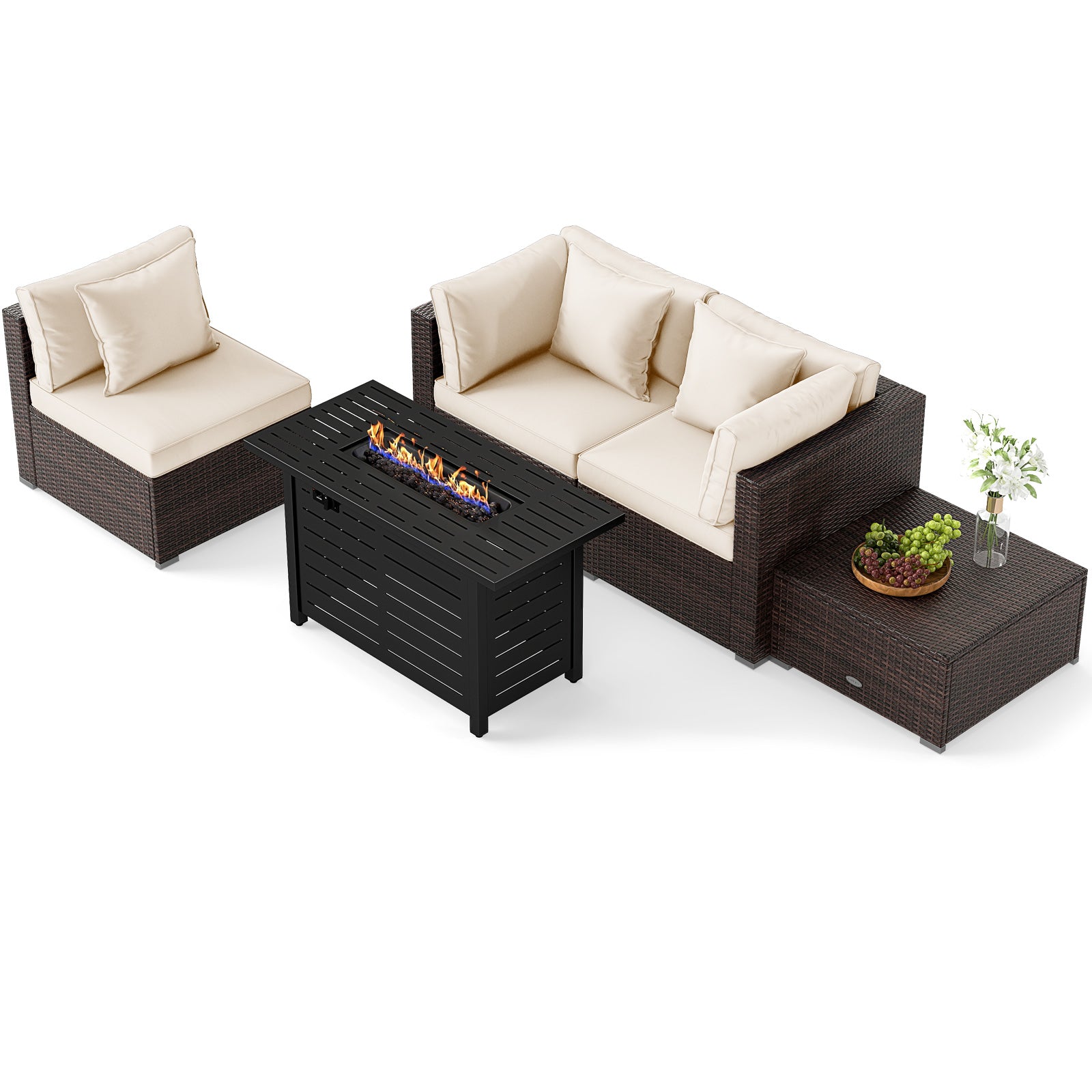 Heavy-duty Frame Rattan Sofa Set with 60000 BTU Firepit Table-Off White