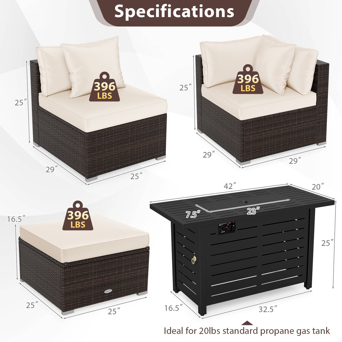 Heavy-duty Frame Rattan Sofa Set with 60000 BTU Firepit Table-Off White
