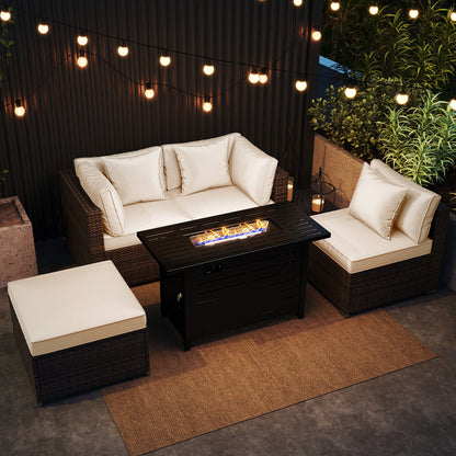 Heavy-duty Frame Rattan Sofa Set with 60000 BTU Firepit Table-Off White