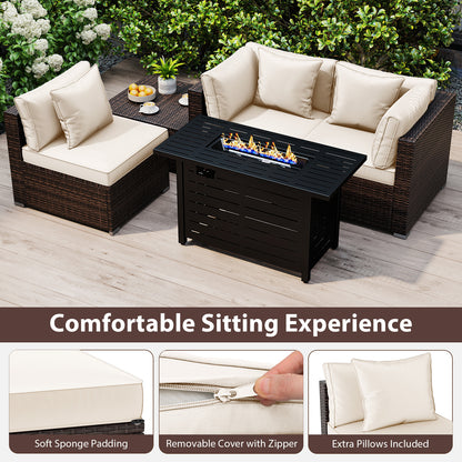 Heavy-duty Frame Rattan Sofa Set with 60000 BTU Firepit Table-Off White