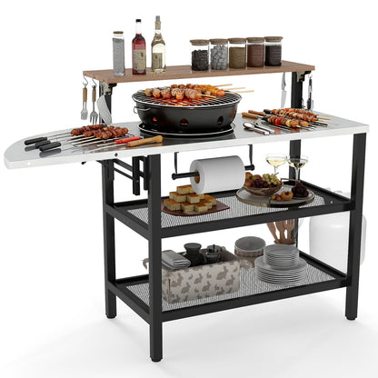 Outdoor Foldable Grill Table with Flip-Up Top and 2 Storage Shelves for Backyard Garden