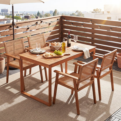 5 Pieces Acacia Wood Dining Set with Outdoor Table and Rattan Chairs for 4 Persons
