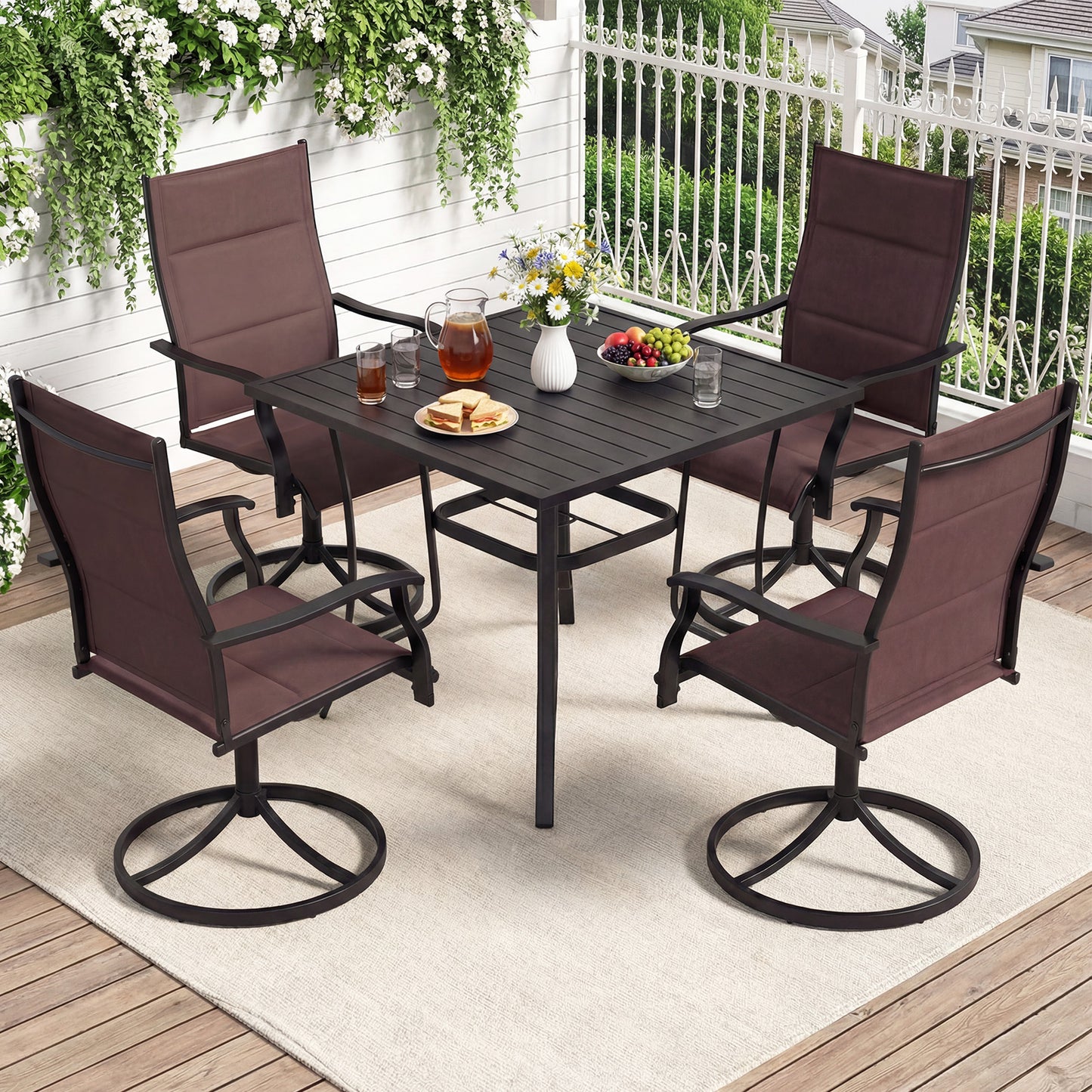 5 Pieces Outdoor Dining Set with 4 Swivel Chairs and 36 Inch Square Patio Table-Brown