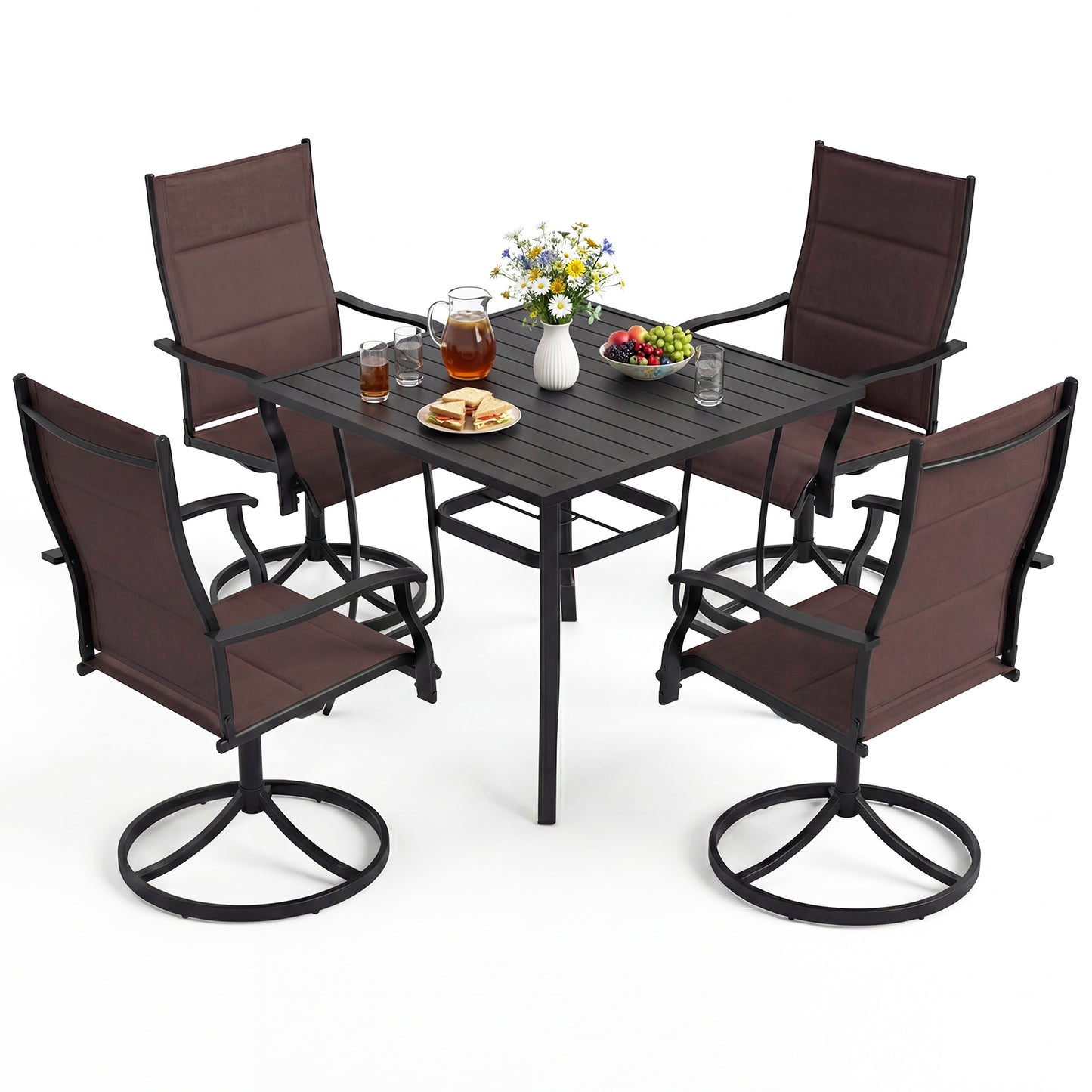 5 Pieces Outdoor Dining Set with 4 Swivel Chairs and 36 Inch Square Patio Table-Brown