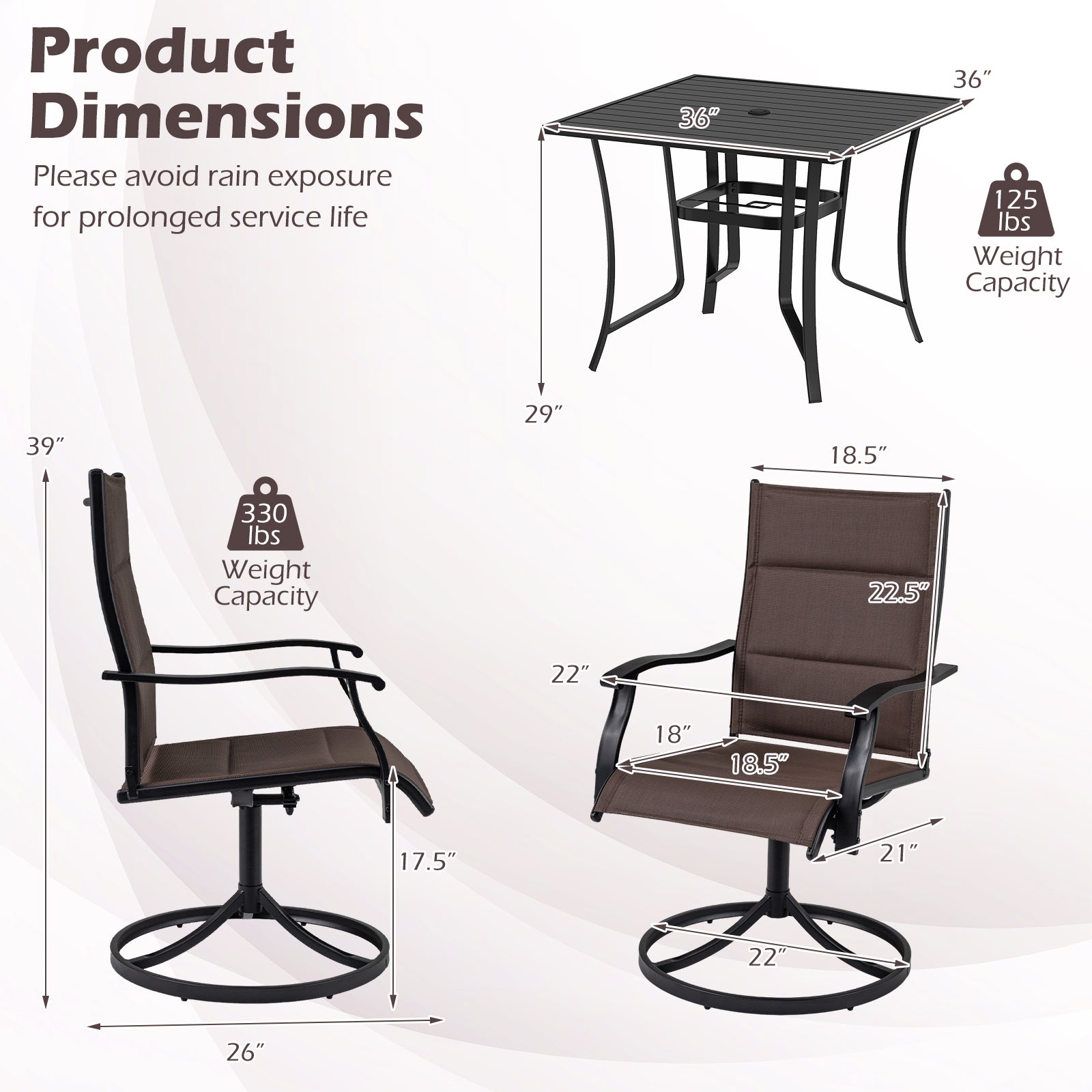 5 Pieces Outdoor Dining Set with 4 Swivel Chairs and 36 Inch Square Patio Table-Brown