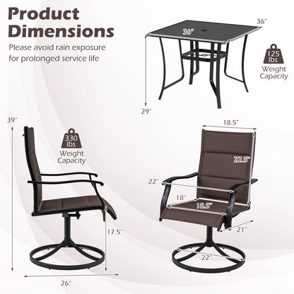 5 Pieces Outdoor Dining Set with 4 Swivel Chairs and 36 Inch Square Patio Table-Brown