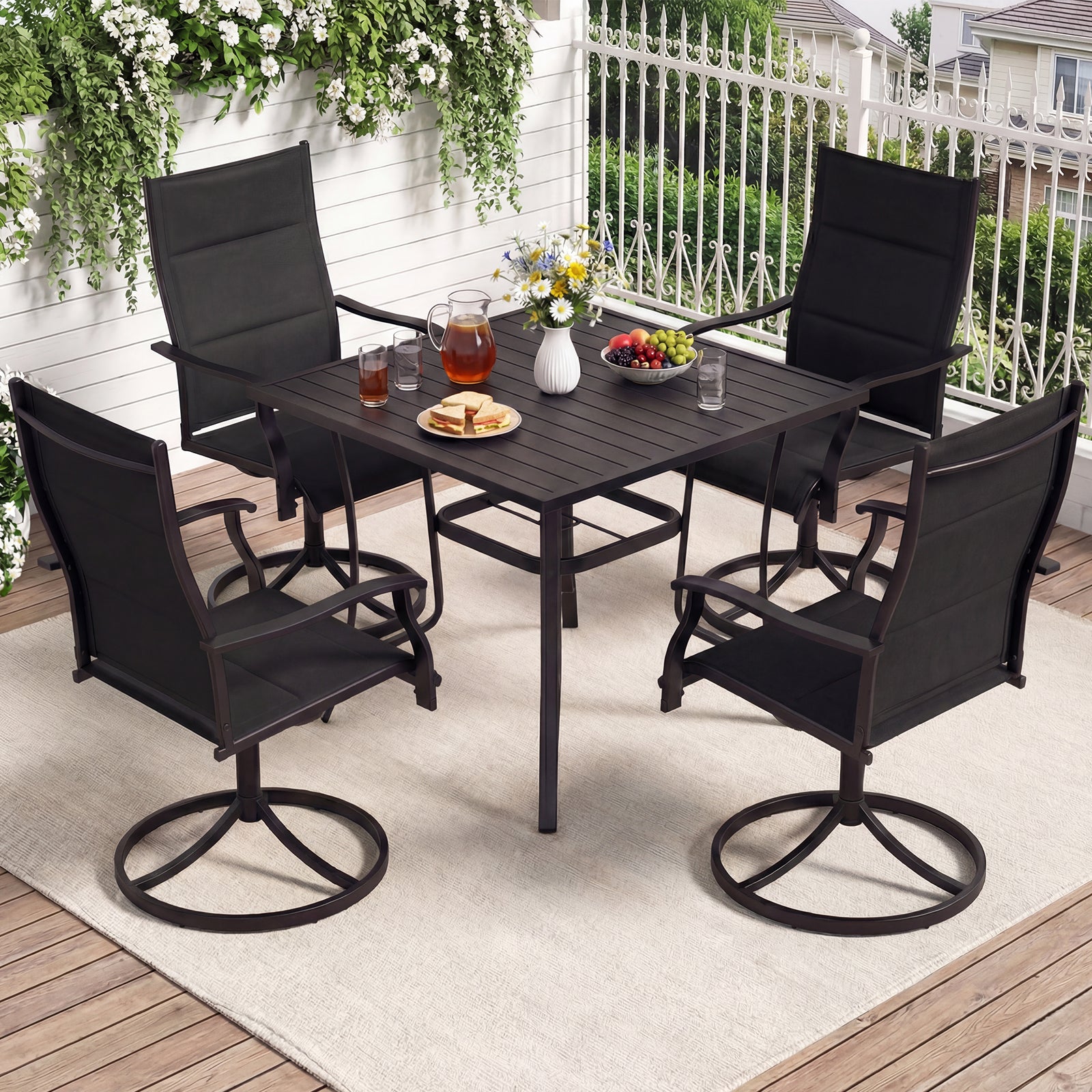 5 Pieces Outdoor Dining Set with 4 Swivel Chairs and 36 Inch Square Patio Table-Black