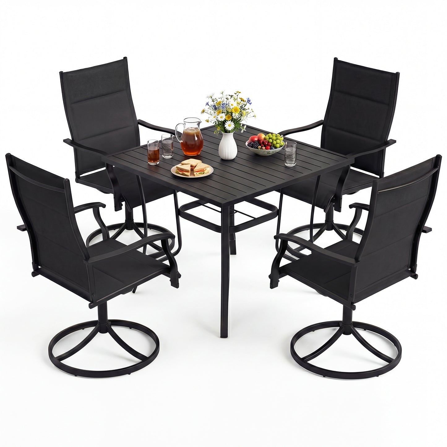 5 Pieces Outdoor Dining Set with 4 Swivel Chairs and 36 Inch Square Patio Table-Black