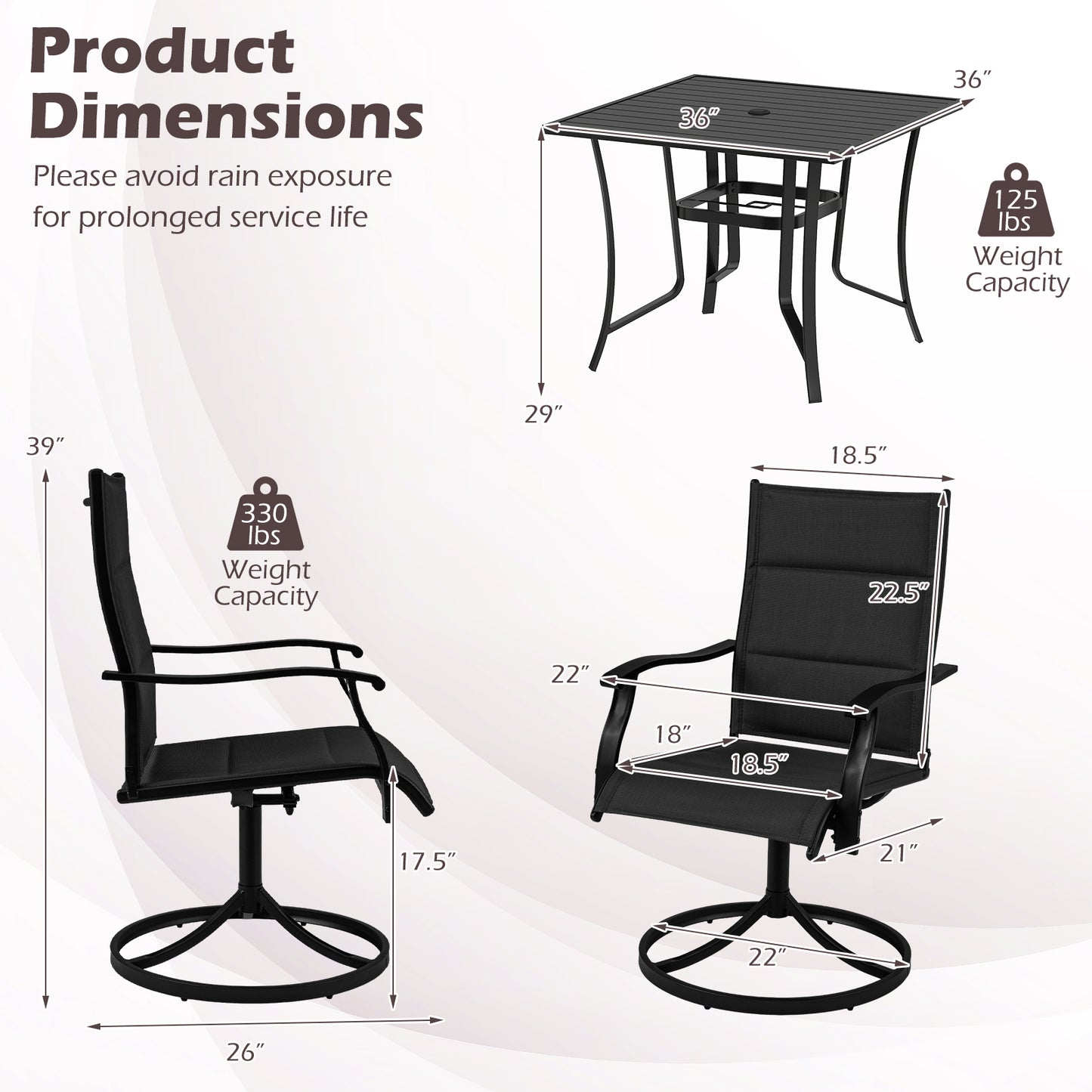 5 Pieces Outdoor Dining Set with 4 Swivel Chairs and 36 Inch Square Patio Table-Black
