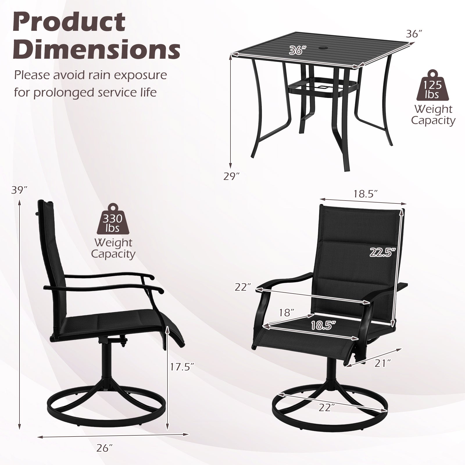 5 Pieces Outdoor Dining Set with 4 Swivel Chairs and 36 Inch Square Patio Table-Black