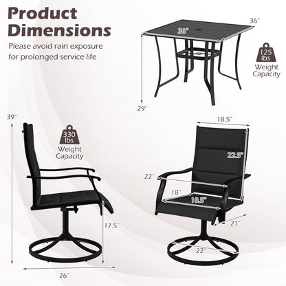 5 Pieces Outdoor Dining Set with 4 Swivel Chairs and 36 Inch Square Patio Table-Black