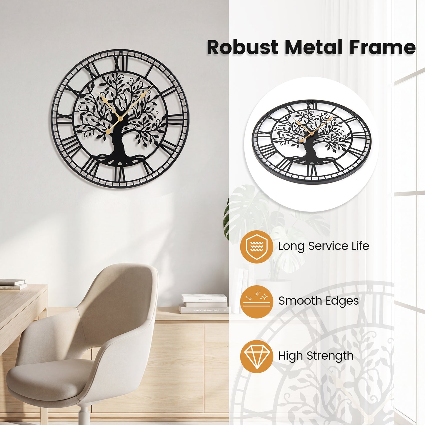 Large Wall Clock 27 Inch Tree of Life Big Metal Wall Clock-Black