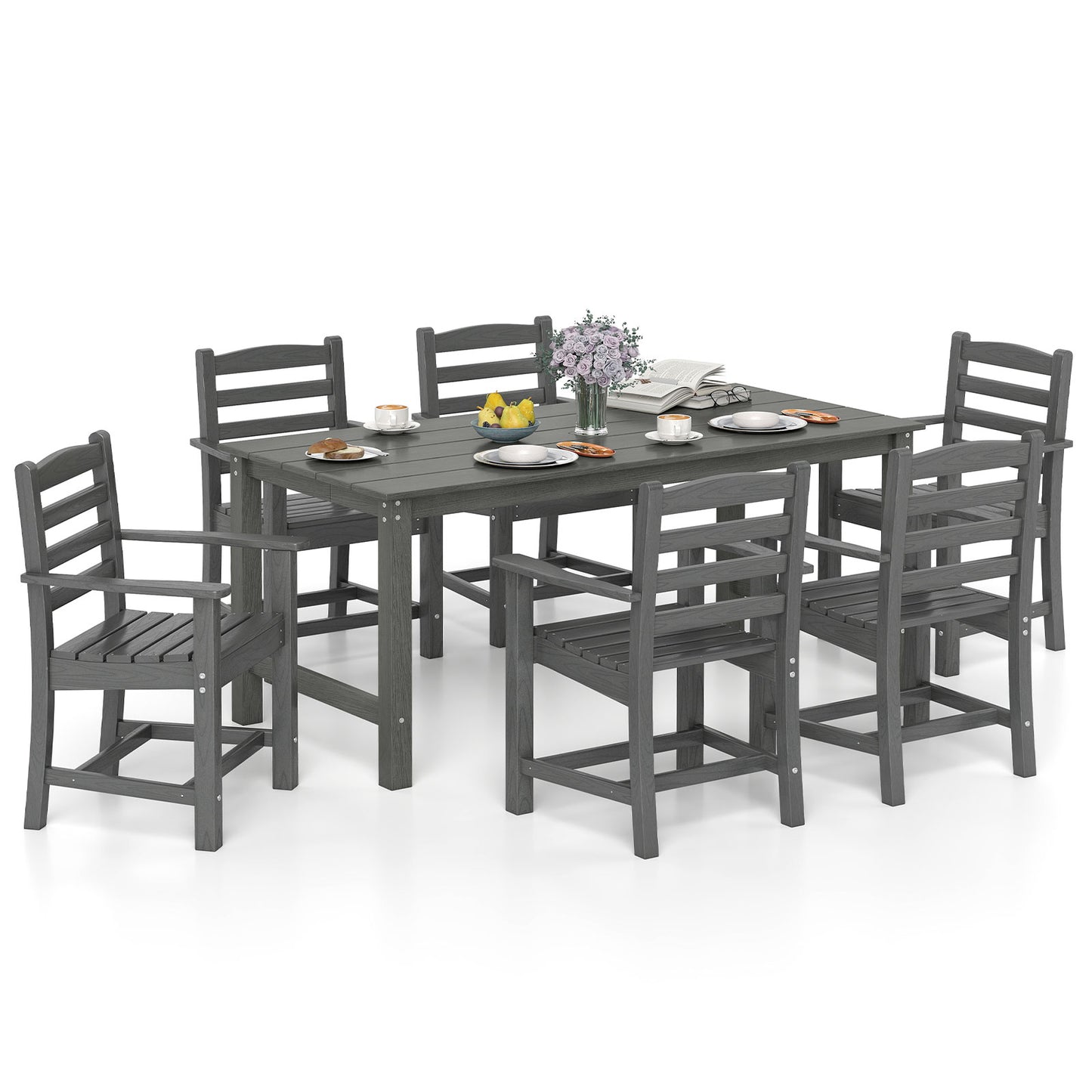 7 Pieces Outdoor Dining Table Set for 6 People 67 Inch HDPE Patio Rectangle Table and 6 Armchairs-Gray