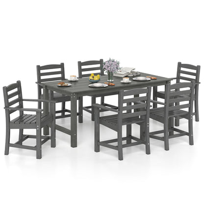 7 Pieces Outdoor Dining Table Set for 6 People 67 Inch HDPE Patio Rectangle Table and 6 Armchairs-Gray