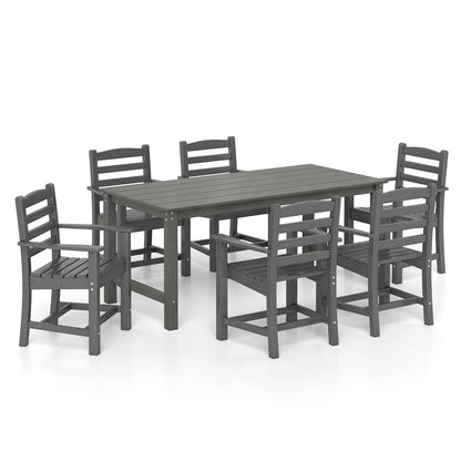 7 Pieces Outdoor Dining Table Set for 6 People 67 Inch HDPE Patio Rectangle Table and 6 Armchairs-Gray