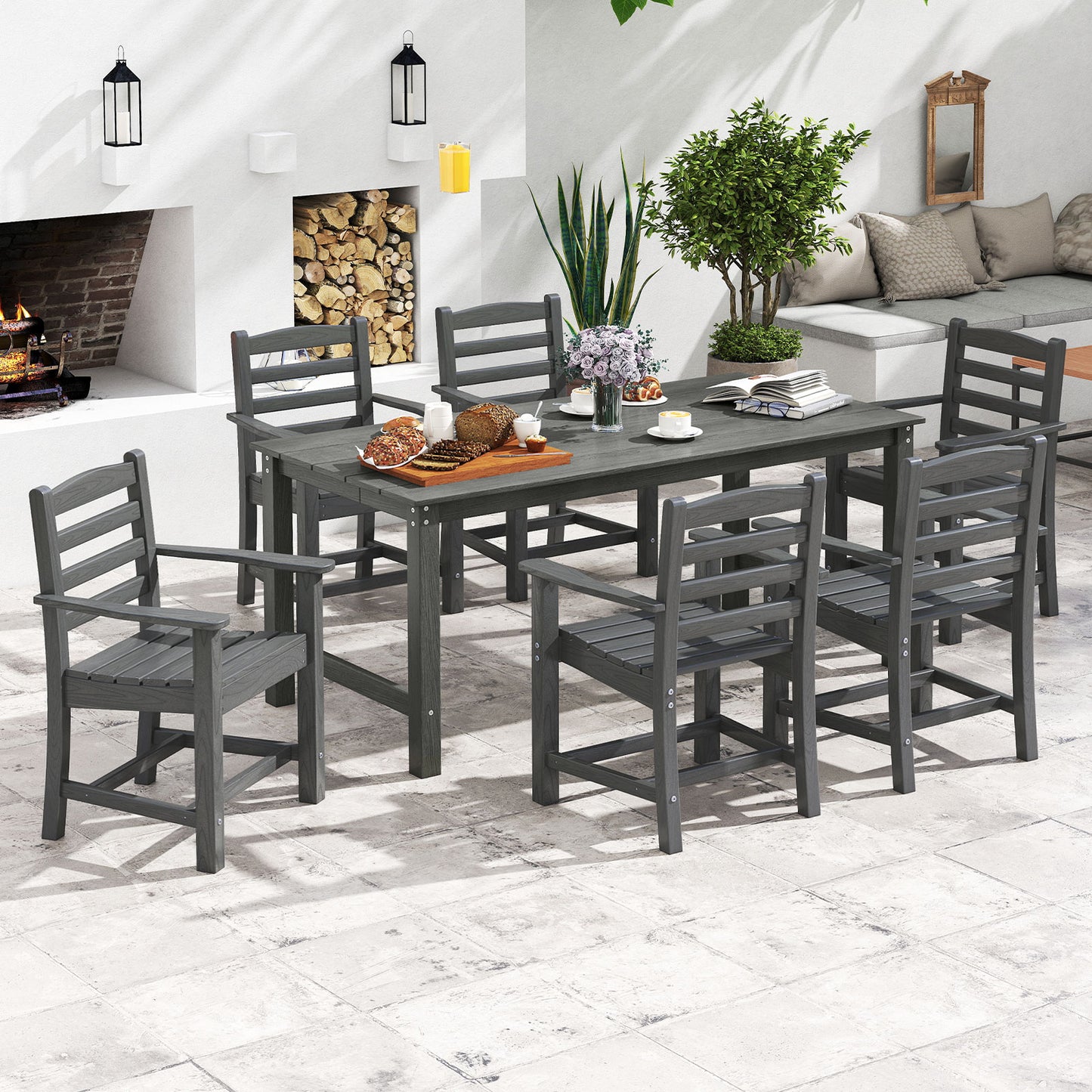 7 Pieces Outdoor Dining Table Set for 6 People 67 Inch HDPE Patio Rectangle Table and 6 Armchairs-Gray