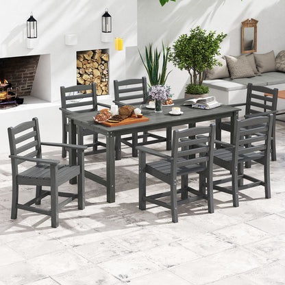 7 Pieces Outdoor Dining Table Set for 6 People 67 Inch HDPE Patio Rectangle Table and 6 Armchairs-Gray